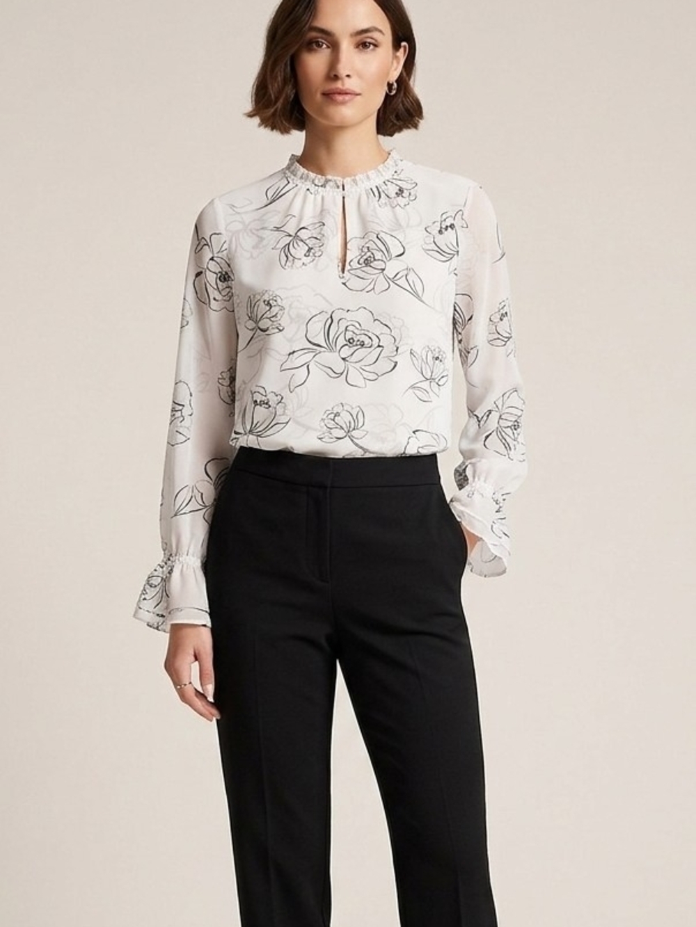 White House Black Market White Blouse with Black Floral Sketch Print